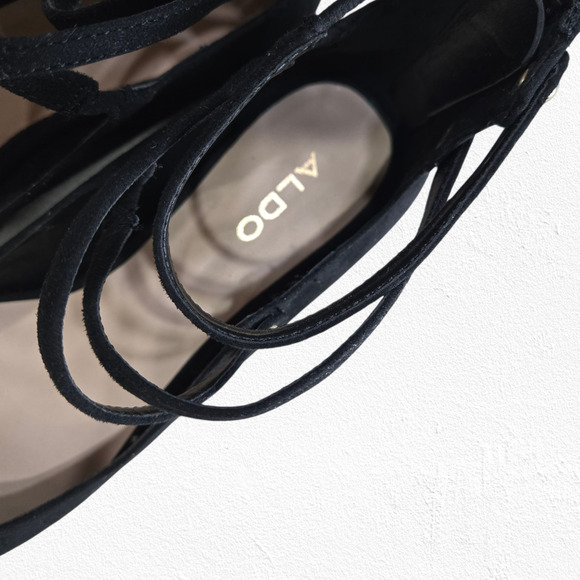 Aldo Black Suede Marieta Lace-Up Flats Gold Heel Zip Ballet Shoes Size 6.5 NWT - Picture 12 of 13